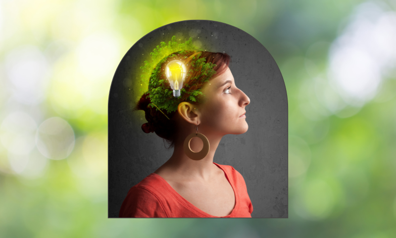 Image of woman overlayed with lightbulb on her head